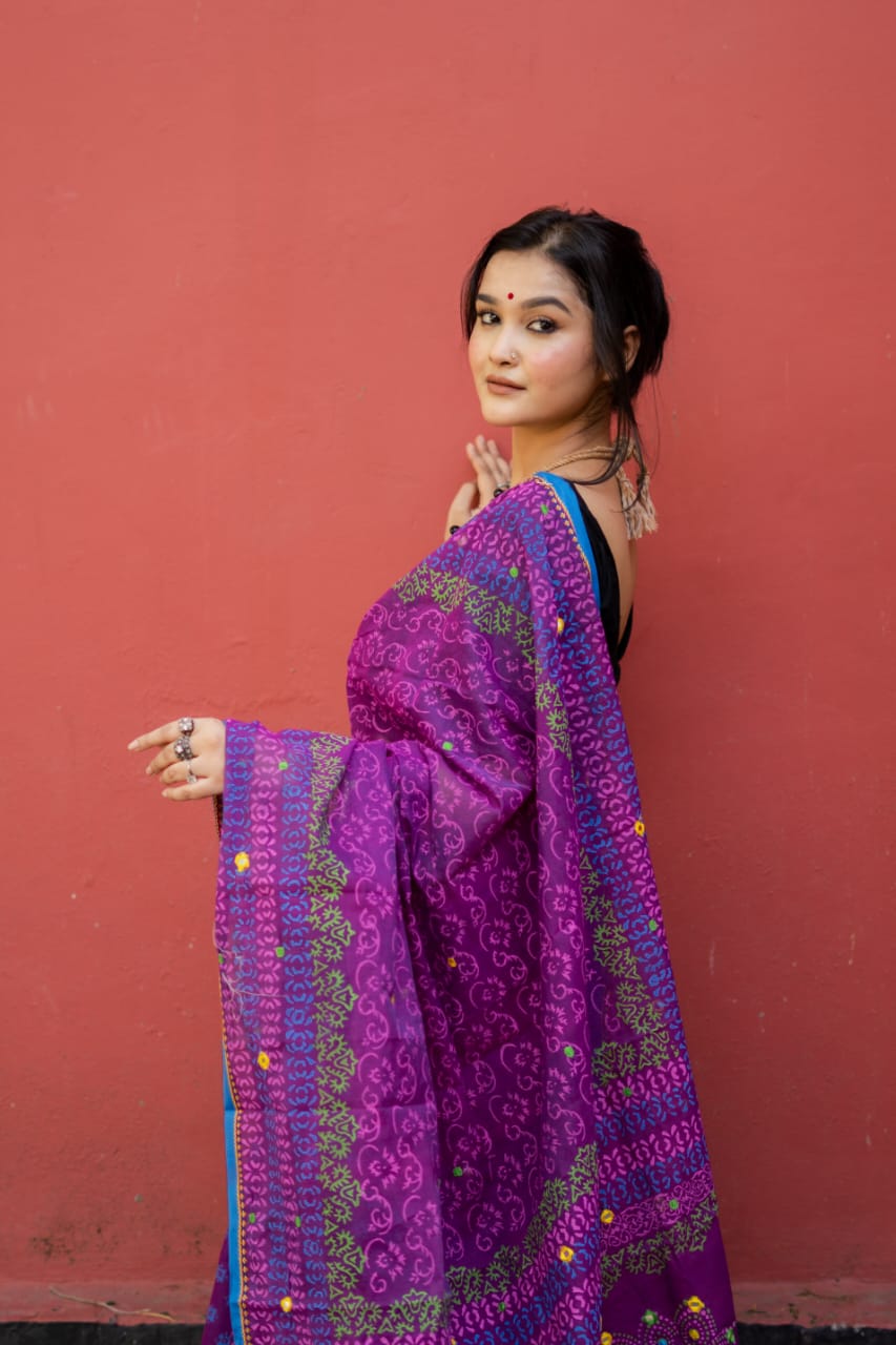 Picture of New Exclusive Design Purple Color Tat Butick Embroidery work Digital Print Saree for women - Purple