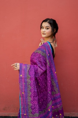 Picture of New Exclusive Design Purple Color Tat Butick Embroidery work Digital Print Saree for women - Purple