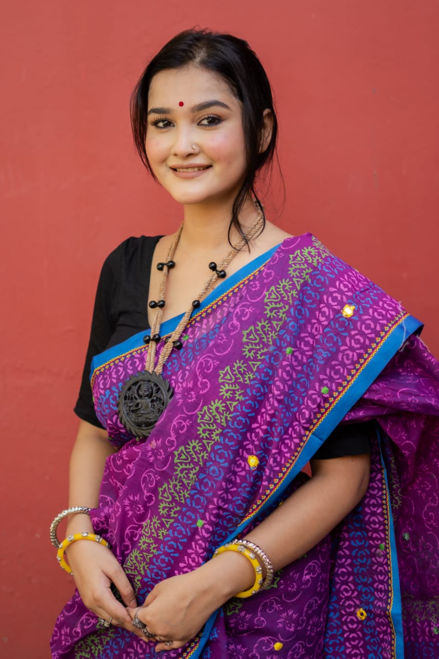 Picture of New Exclusive Design Purple Color Tat Butick Embroidery work Digital Print Saree for women - Purple