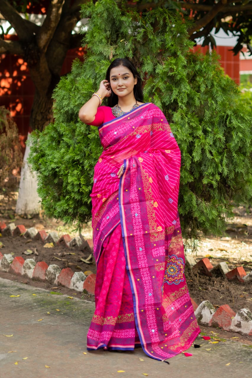 Picture of New Exclusive Design Red Color Tat Butick embroidery work Digital Print Saree for women - Red