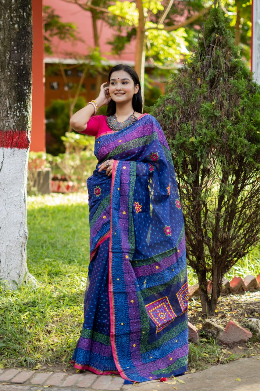 Picture of New Exclusive Design Blue Color Tat Buticks embroidery work Digital Print Saree for women - Blue