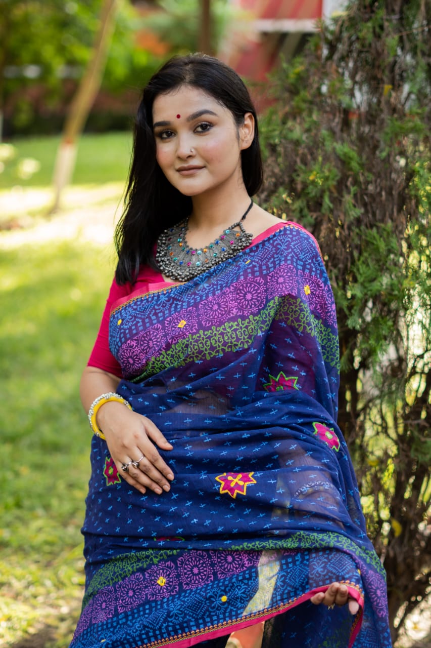 Picture of New Exclusive Design Blue Color Tat Buticks embroidery work Digital Print Saree for women - Blue