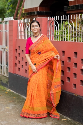 Picture of New Exclusive Design Orange Color Tat Butique embroidery work Digital Print Saree for women - Orange