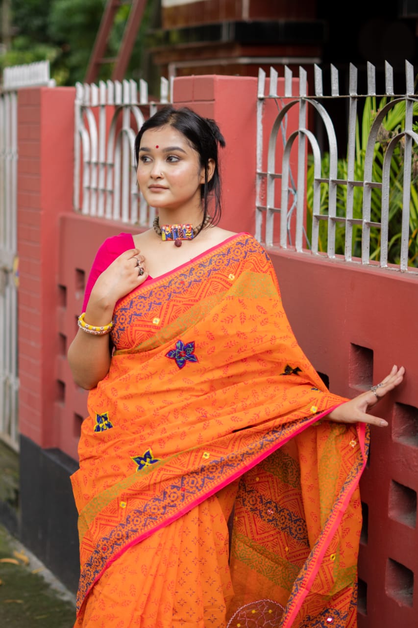 Picture of New Exclusive Design Orange Color Tat Butique embroidery work Digital Print Saree for women - Orange