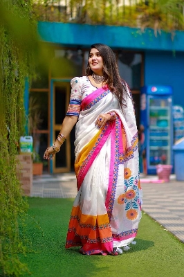 Picture of New Exclusive Design white Color Half Silk screen Print Saree for women - White