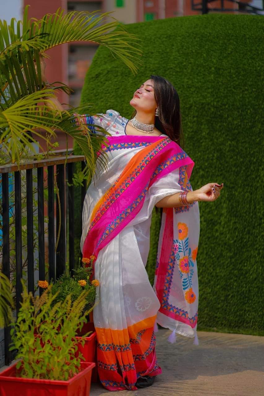 Picture of New Exclusive Design white Color Half Silk screen Print Saree for women - White