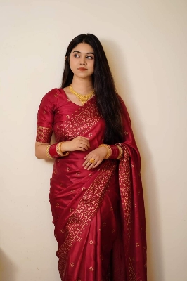 Picture of Exclusive Design Maroon Color Soft Japani silk Saree With Matching Blouse pis for women - Maroon