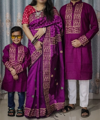 Picture of Family Set Maroon Print Dhupian Silk Exclusive Couple Dress Deep Blue Color Saree and Panjabi for Men women and Son - Maroon