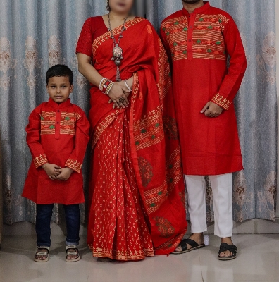 Picture of Understated -Family Set Block Print Dhupian Silk Exclusive Couple Dress Red Color Saree and Panjabi for Men women and Son- Progressively Better - Red