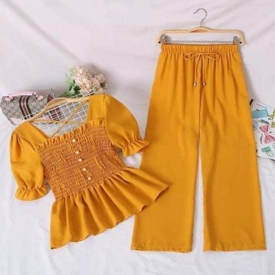 Picture of Western Fashion Ladis Stitched Yellow Freal Tops and Pant Cherry Georgette  style Kurti  dress for women - Yellow