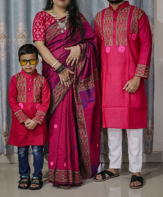 Picture of Family Set Block Print Dhupian Silk Exclusive Couple Dress Red Color Saree and Panjabi for Men women and Son - Red