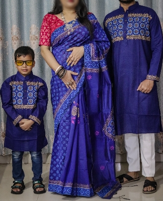 Picture of Family Set Block Print Dhupian Silk Exclusive Couple Dress Deep Blue Color Saree and Panjabi for Men women and Son - Blue