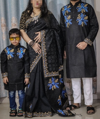 Picture of Family Set Block Print Dhupian Silk Exclusive Couple Dress Black Color Saree and Panjabi for Men women and Son - Black