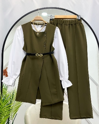 Picture of Western Fashion Ladis Stitched Olive color Co-ord set Tops and Pant Vangchur Fabric dress for women - Olive