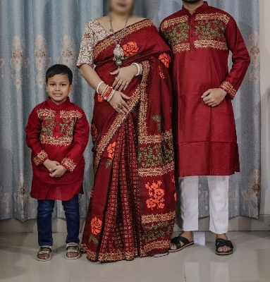 Picture of Family Set Block Print Dhupian Silk Exclusive Couple Dress Maroon Color Saree and Panjabi for Men women and Son - Maroon