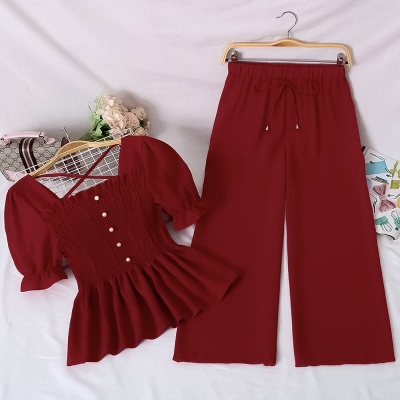 Picture of Western Fashion Ladis Stitched Maroon Freal Tops and Pant Cherry Georgette  style Kurti  dress for women - Maroon