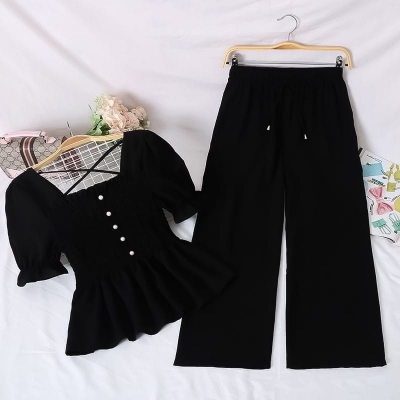 Picture of Western Fashion Ladis Stitched Black Freal Tops and Pant Cherry Georgette  style Kurti  dress for women - Black