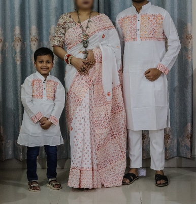 Picture of Family Set Block Print Dhupian Silk Exclusive Couple Dress White Color Saree and Panjabi for Men women and Son - White