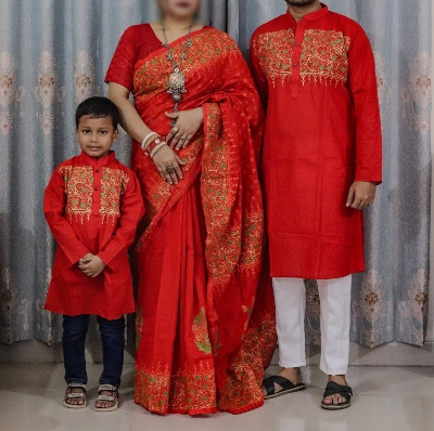 Picture of Family Set Block Print Dhupian Silk Exclusive Couple Dress Red Color Saree and Panjabi for Men women and Son - Red
