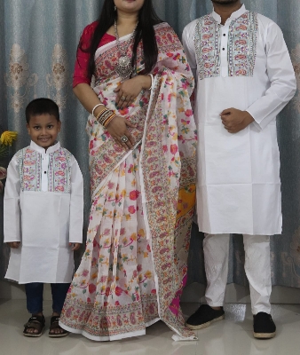 Picture of Family Set Block Print Dhupian Silk Exclusive Couple Dress Deep White Color Saree and Panjabi for Men women and Son - White