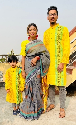 Picture of Family Set Block Print Dhupian Silk Exclusive Couple Dress Yellow Color Saree and Panjabi for Men women and Son - Yellow