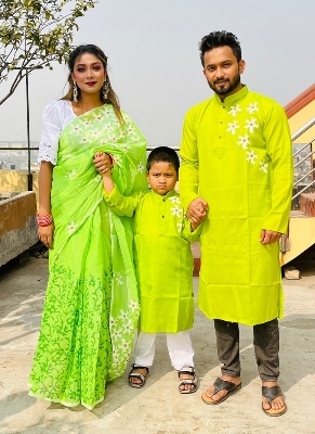 Picture of Family Set Block Print Dhupian Silk Exclusive Couple Dress Lemon Color Saree and Panjabi for Men women and Son - Lemon