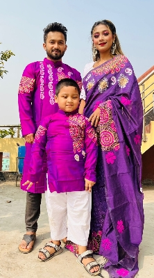 Picture of Family Set Block Print Dhupian Silk Exclusive Couple Dress Purple Color Saree and Panjabi for Men women and Son - Purple