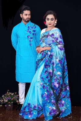 Picture of Family Set Hand Print Dhupian Silk Exclusive Couple Dress Black Color Saree and Panjabi for Men women - Blue