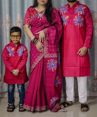 Picture of Family Set Block Print Dhupian Silk Exclusive Couple Dress Maroon Color Saree and Panjabi for Men women and Son - Maroon