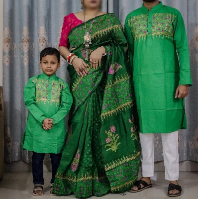 Picture of Family Set Block Print Dhupian Silk Exclusive Couple Dress Green Color Saree and Panjabi for Men women and Son - Green