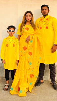 Picture of Family Set Block Print Dhupian Silk Exclusive Couple Dress Yellow Color Saree and Panjabi for Men women and Son - Yellow