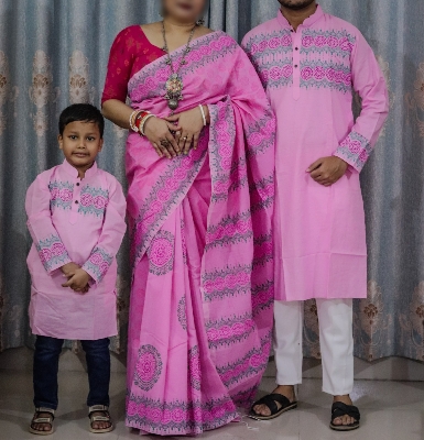 Picture of Family Set Block Print Dhupian Silk Exclusive Couple Dress Pink Color Saree and Panjabi for Men women and Son - Pink