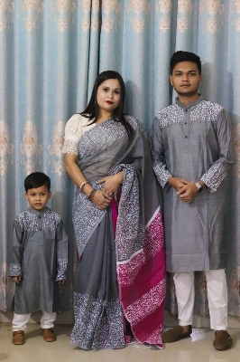 Picture of Family Set Block Print Dhupian Silk Exclusive Couple Dress Ash Color Saree and Panjabi for Men women and Son - Dark Ash
