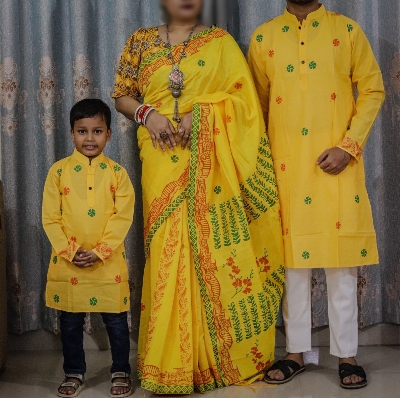 Picture of Family Set Block Print Dhupian Silk Exclusive Couple Dress Yellow Color Saree and Panjabi for Men women and Son - Yellow