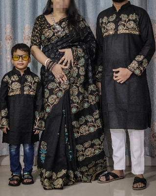 Picture of Family Set Block Print Dhupian Silk Exclusive Couple Dress Black Color Saree and Panjabi for Men women and Son - Black