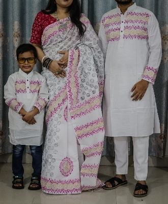 Picture of Family Set Block Print Dhupian Silk Exclusive Couple Dress White Color Saree and Panjabi for Men women and Son - White