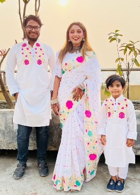 Picture of Family Set Block Print Dhupian Silk Exclusive Couple Dress Deep White Color Saree and Panjabi for Men women and Son - White