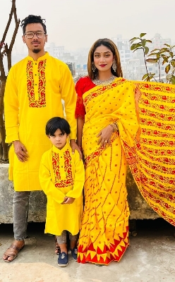 Picture of Family Set Block Print Dhupian Silk Exclusive Couple Dress Yellow Color Saree and Panjabi for Men women and Son - Yellow