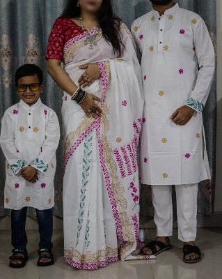 Picture of Family Set Block Print Dhupian Silk Exclusive Couple Dress White Color Saree and Panjabi for Men women and Son - White