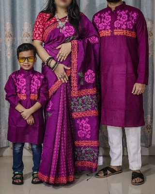 Picture of Family Set Block Print Dhupian Silk Exclusive Couple Dress Maroon Color Saree and Panjabi for Men women and Son - Maroon