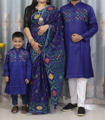 Picture of Family Set Block Print Dhupian Silk Exclusive Couple Blue White Color Saree and Panjabi for Men women and Son - Blue