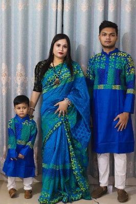 Picture of Family Set Block Print Dhupian Silk Exclusive Couple Dress Deep White Color Saree and Panjabi for Men women and Son - Blue
