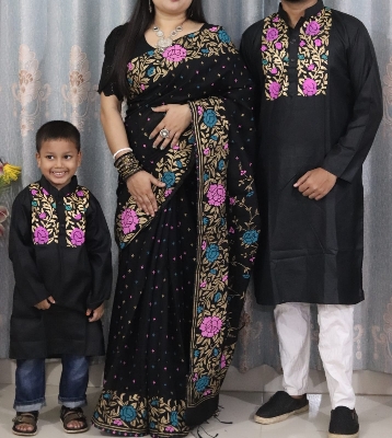 Picture of Family Set Block Print Dhupian Silk Exclusive Couple Dress Black Color Saree and Panjabi for Men women and Son - Black
