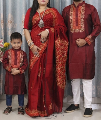 Picture of Family Set Block Print Dhupian Silk Exclusive Couple Dress Maroon Color Saree and Panjabi for Men women and Son - Maroon