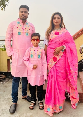 Picture of Family Set Block Print Dhupian Silk Exclusive Couple Dress Pink Color Saree and Panjabi for Men women and Son - Pink