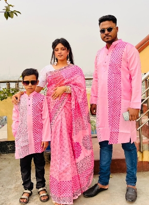Picture of Family Set Block Print Dhupian Silk Exclusive Couple Dress Pink Color Saree and Panjabi for Men women and Son - Pink