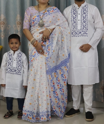 Picture of Family Set Block Print Dhupian Silk Exclusive Couple Dress White Black Color Saree and Panjabi for Men women and Son - White