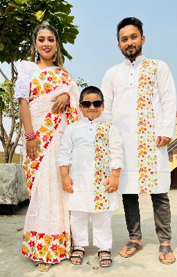 Picture of Family Set Block Print Dhupian Silk Exclusive Couple Dress Deep White Color Saree and Panjabi for Men women and Son - White