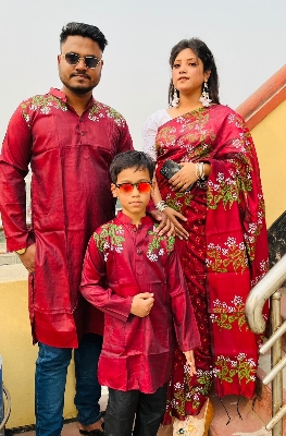 Picture of Family Set Block Print Dhupian Silk Exclusive Couple Dress Maroon Color Saree and Panjabi for Men women and Son - Maroon
