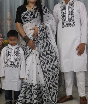 Picture of Family Set Block Print Dhupian Silk Exclusive Couple Dress Deep White Color Saree and Panjabi for Men women and Son - White